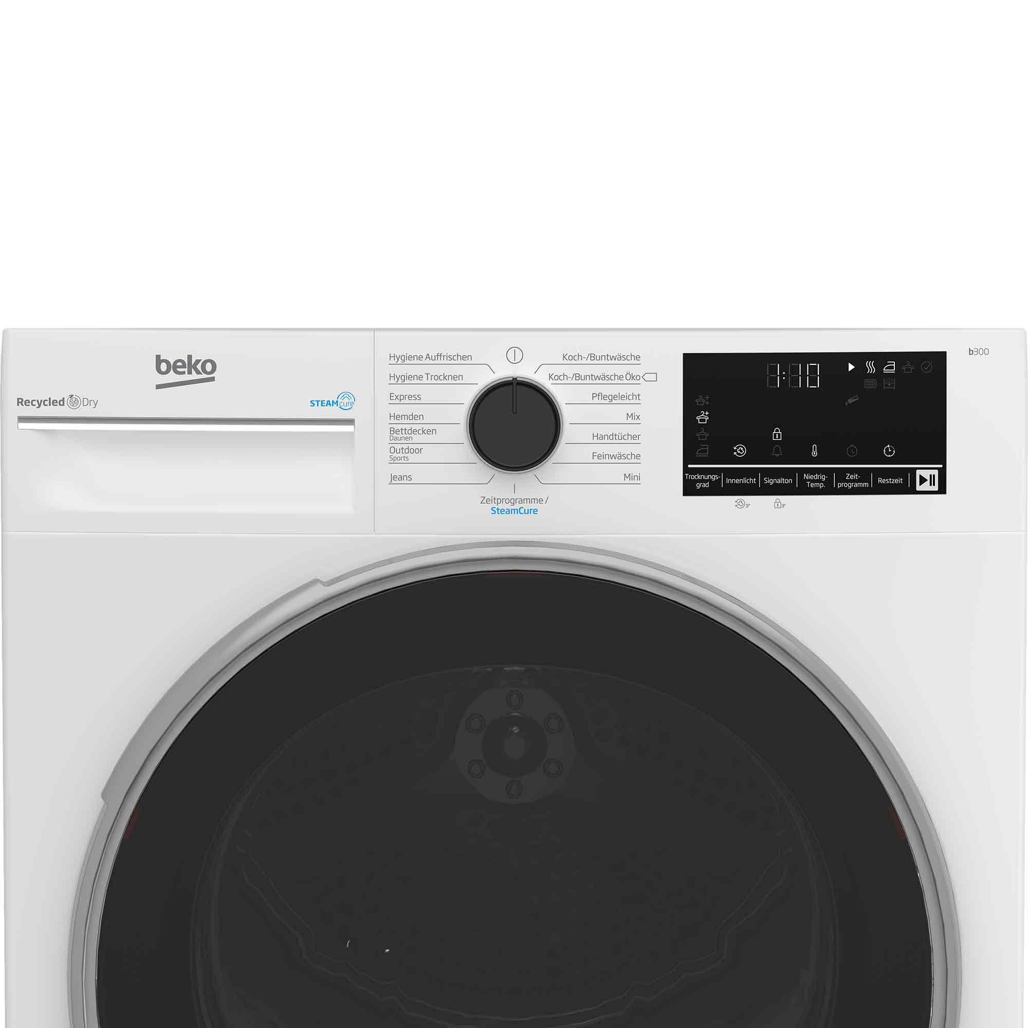 Beko Waschmaschine mit Programmwahlrad und digitalem Display. Zeigt Programme wie Kochwäsche an.