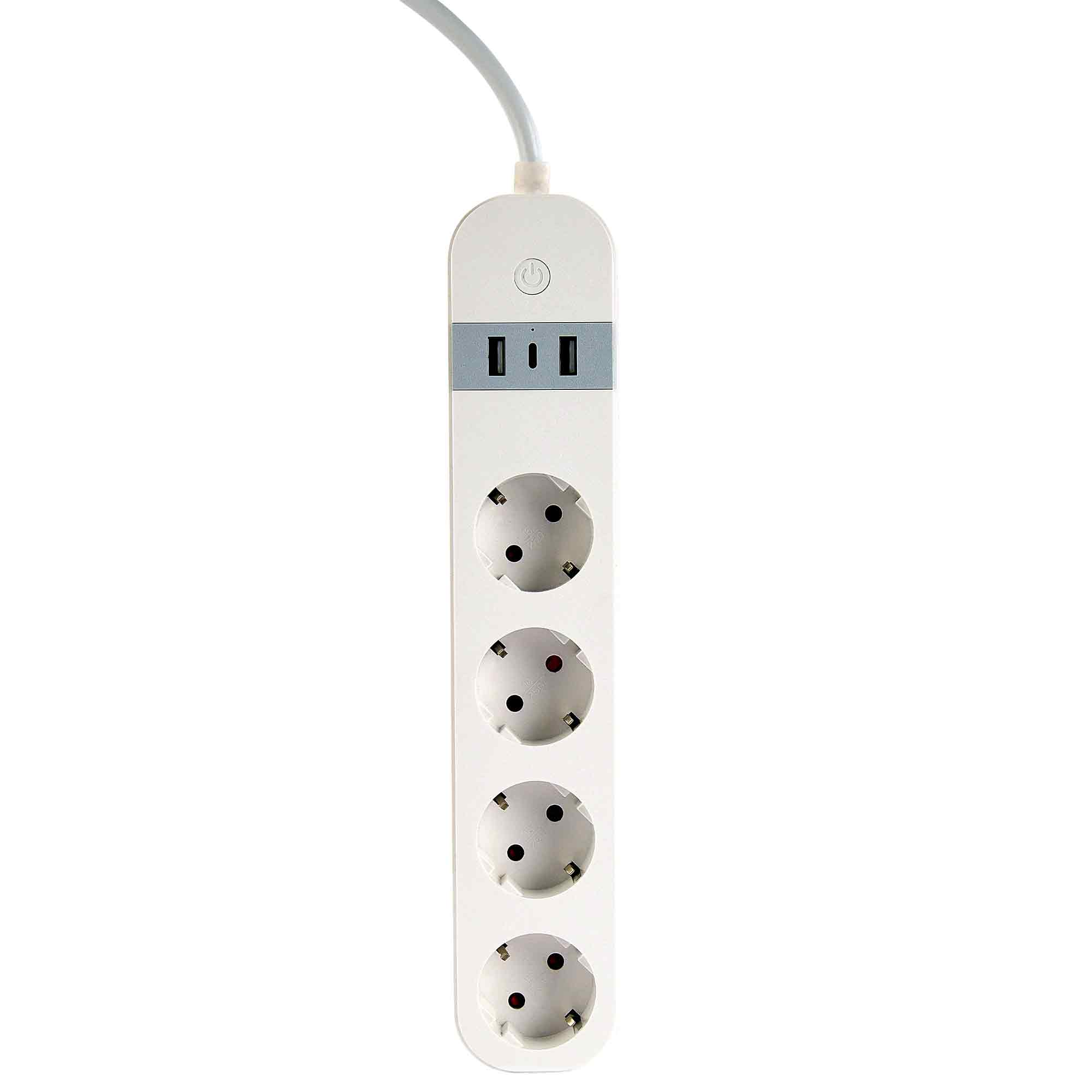 Ein weißer Mehrfachsteckdosenverteiler mit vier Steckdosen und zwei USB-Anschlüssen.