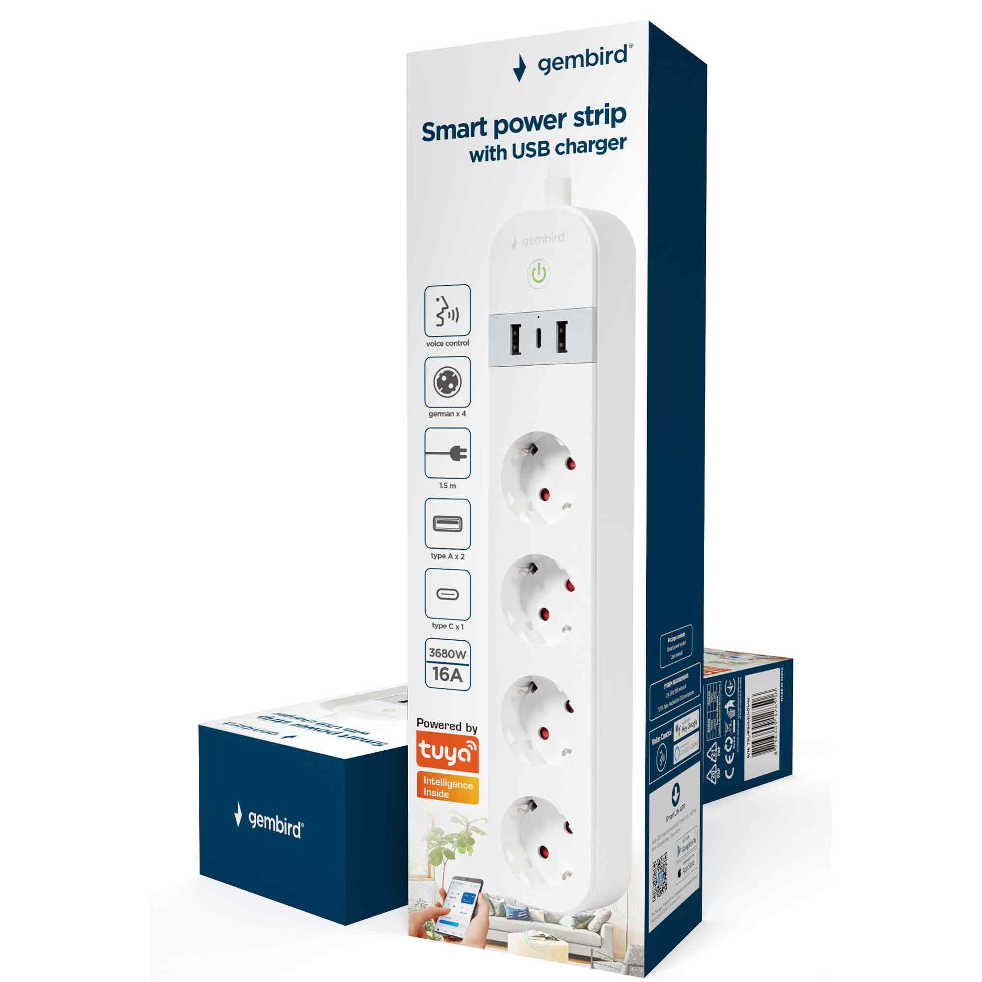 Gembird Smart Power Strip mit USB-Ladegerät, 4 deutsche Steckdosen, 2 USB-A, 1 USB-C.