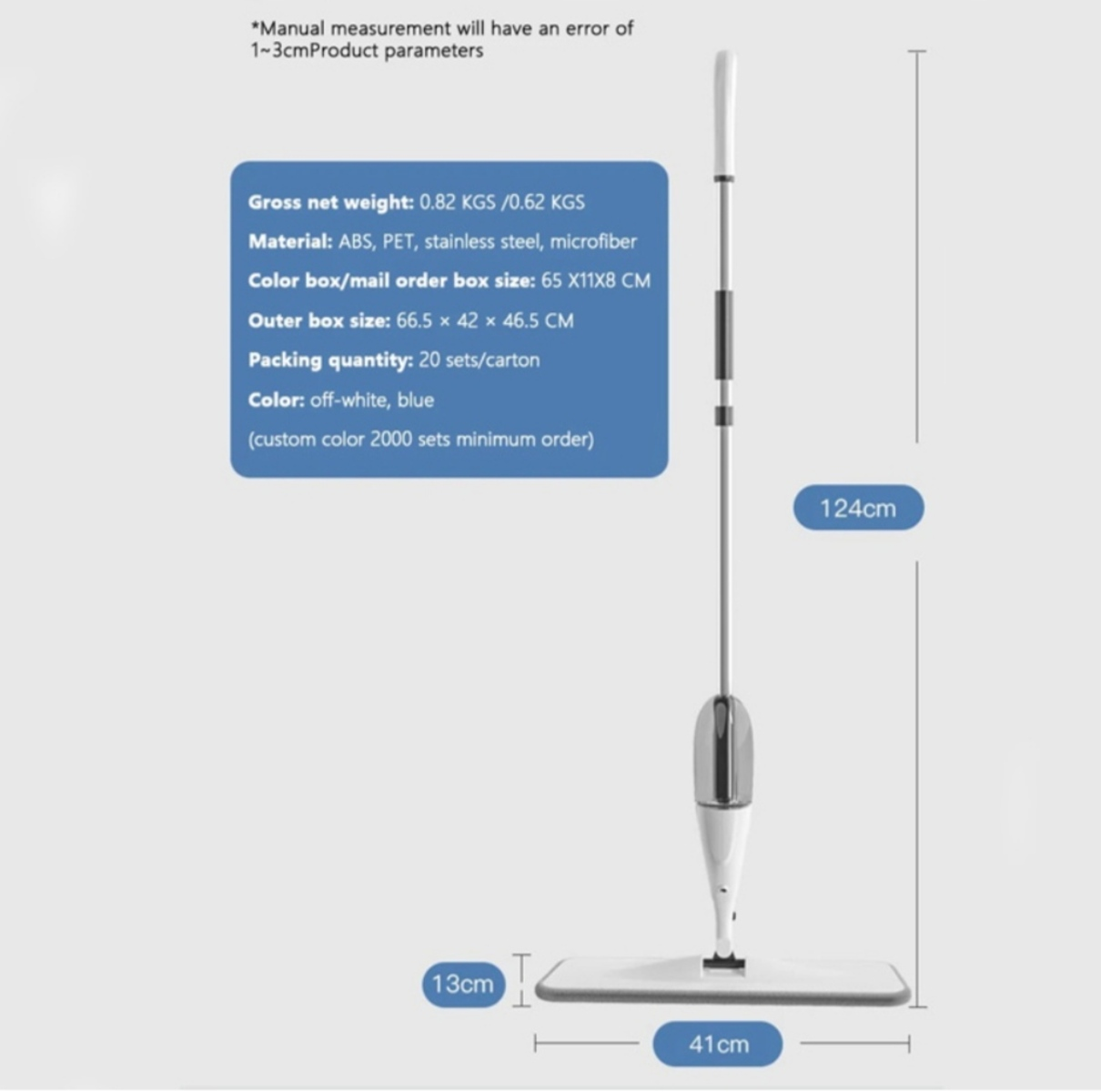 Ein Sprühwischmopp mit den Maßen 124cm Höhe, 41cm Breite und 13cm Dicke. Spezifikationen aufgeführt.