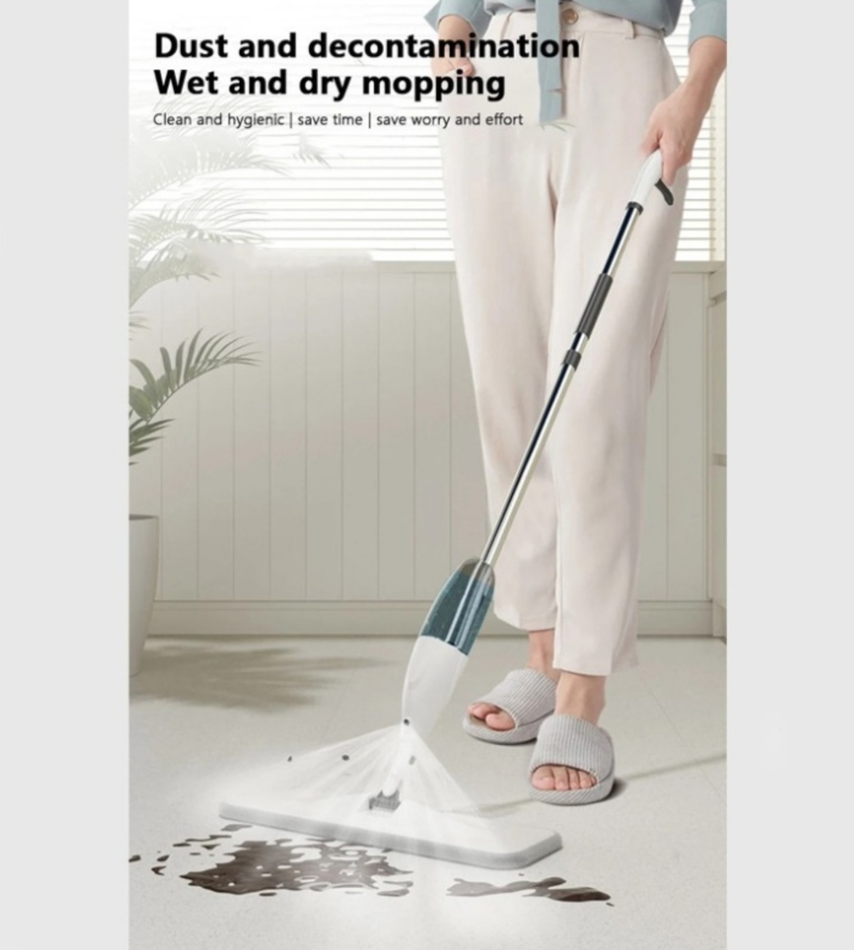 Eine Person wischt mit einem Sprühwischer einen schmutzigen Boden.