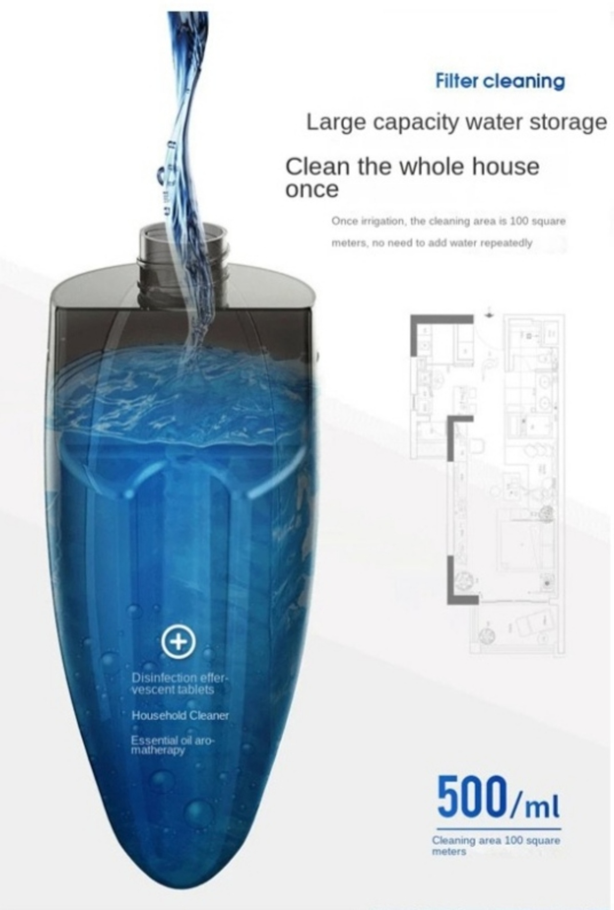 Eine blaue Flasche mit Wasser, die für die Reinigung genutzt wird.