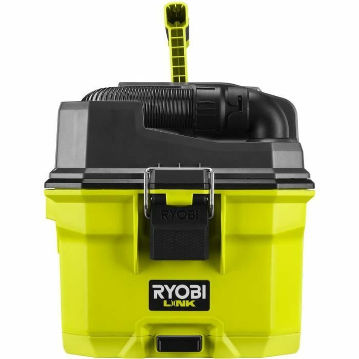 Grüner Ryobi Nass-/Trockensauger mit schwarzem Deckel und Griff.