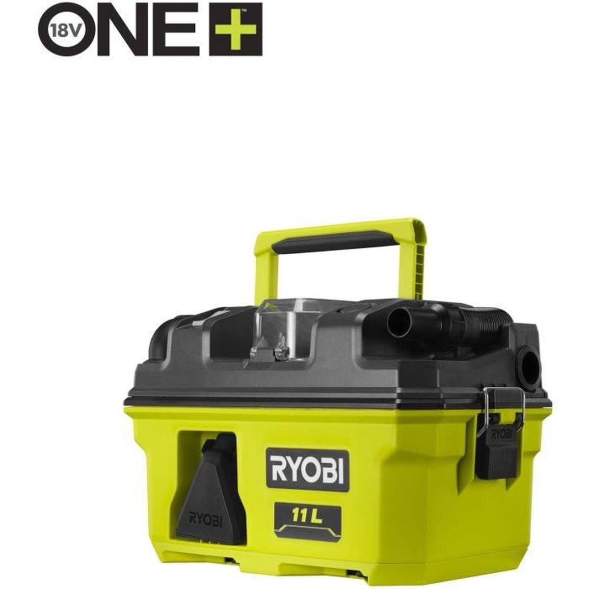 Ein gelber und schwarzer Ryobi 18V Nass-/Trockensauger mit 11L Kapazität.
