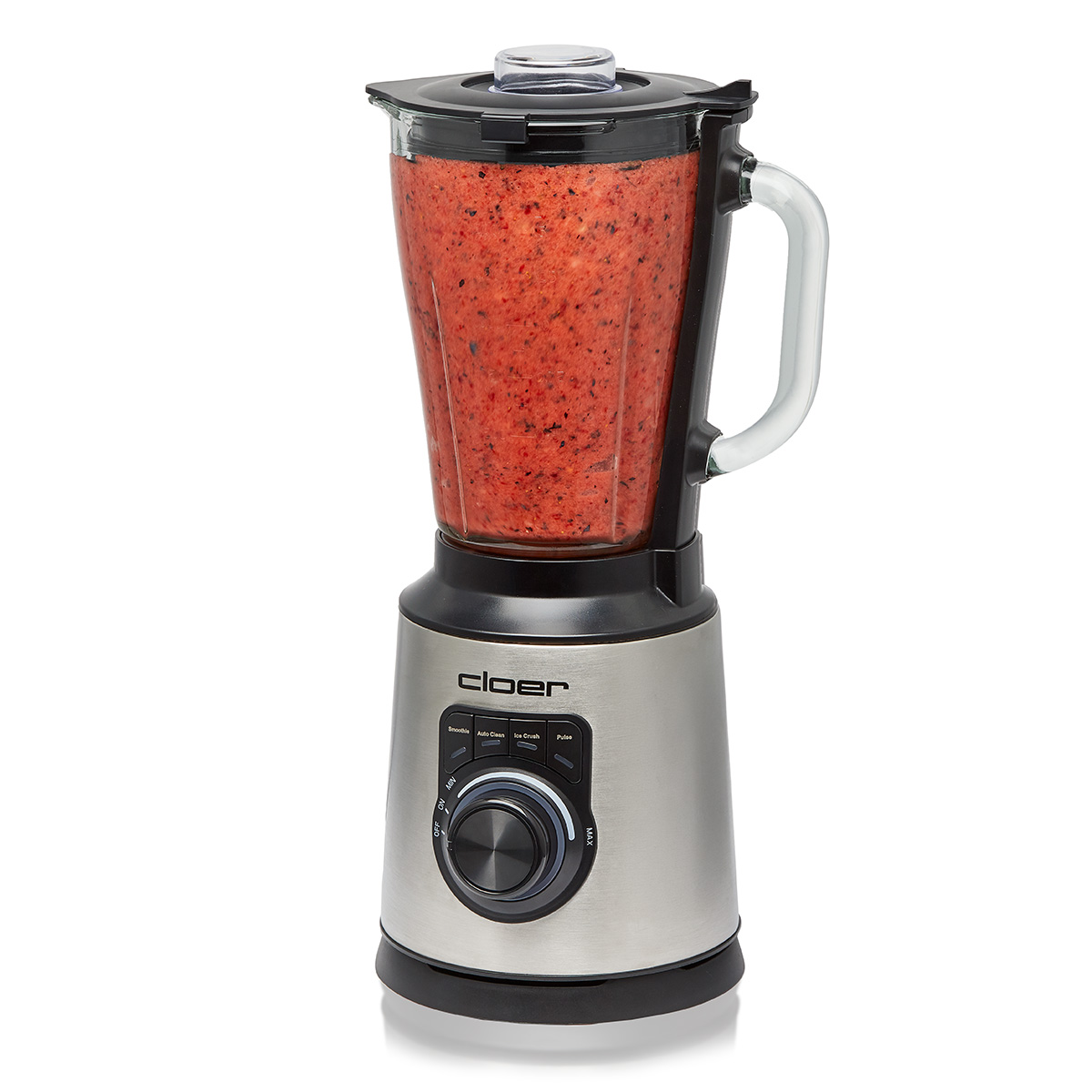 Ein silberner Standmixer mit rotem Fruchtpüree gefülltem Glasbehälter.