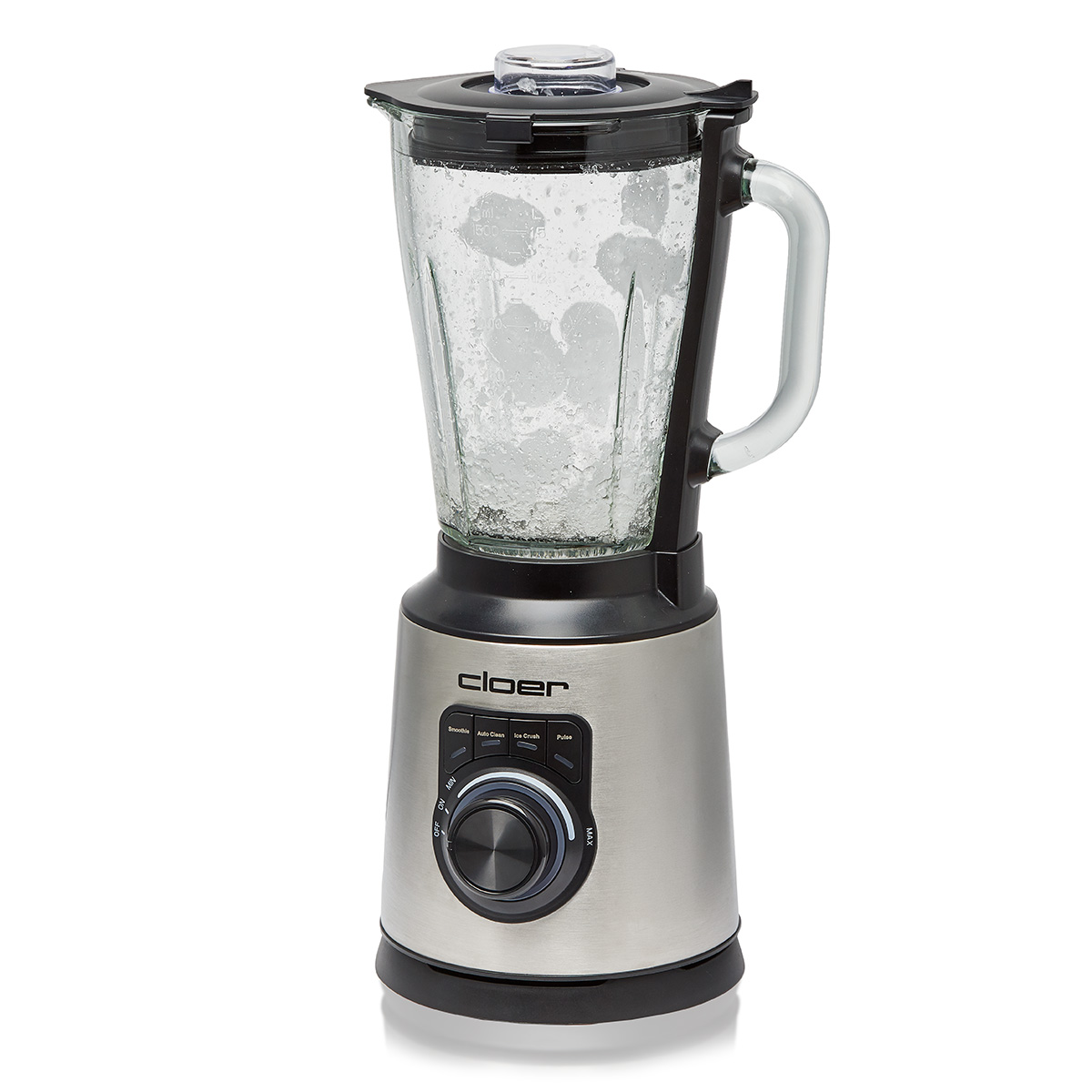 Silberner Cloer-Mixer mit Eis im Glaskrug, schwarzem Deckel und Bedienfeld.