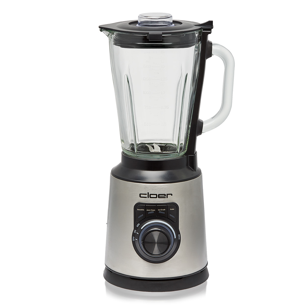 Ein silberner Standmixer mit Glaskrug und schwarzem Deckel steht auf weißem Grund.