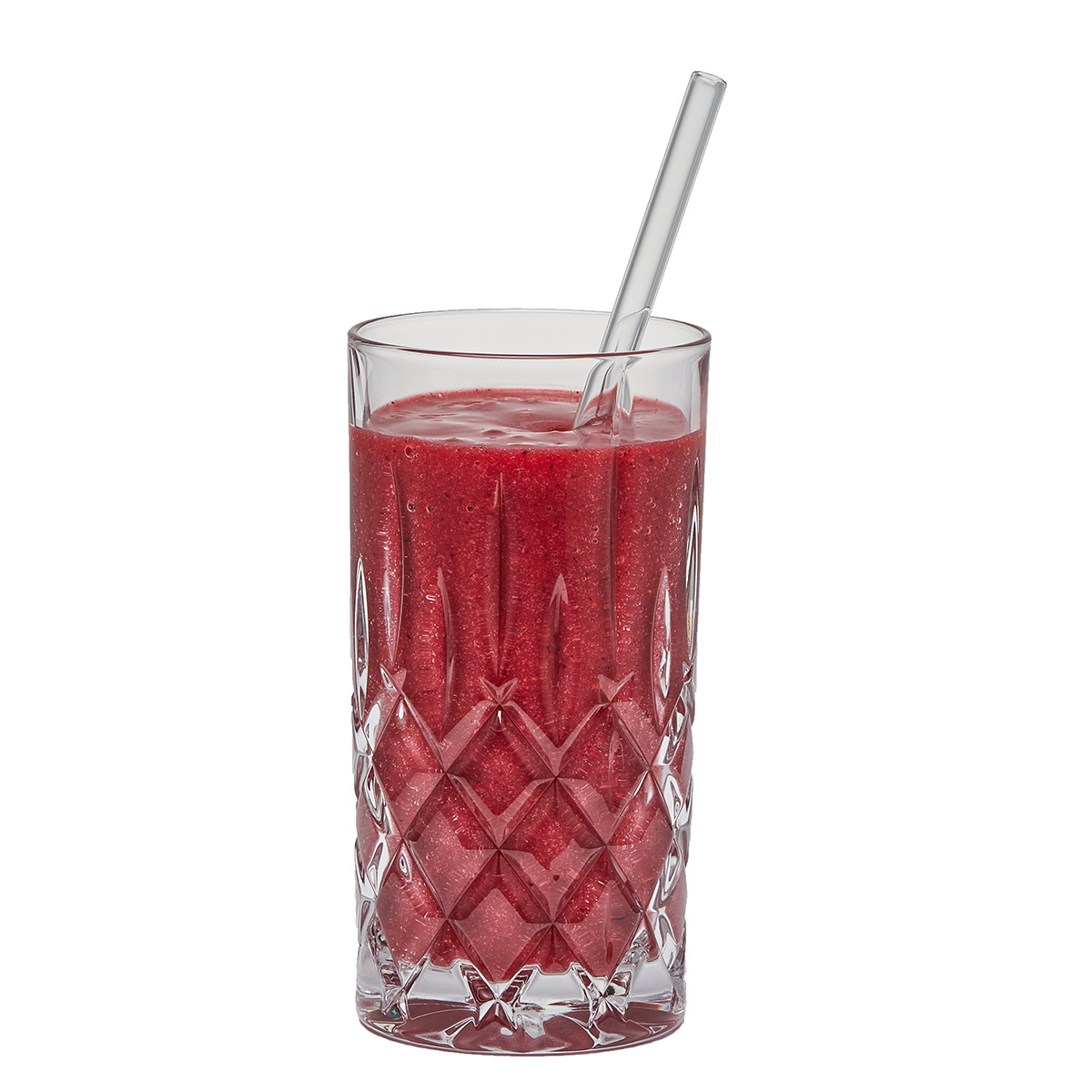 Ein Glas roter Smoothie mit einem transparenten Strohhalm.