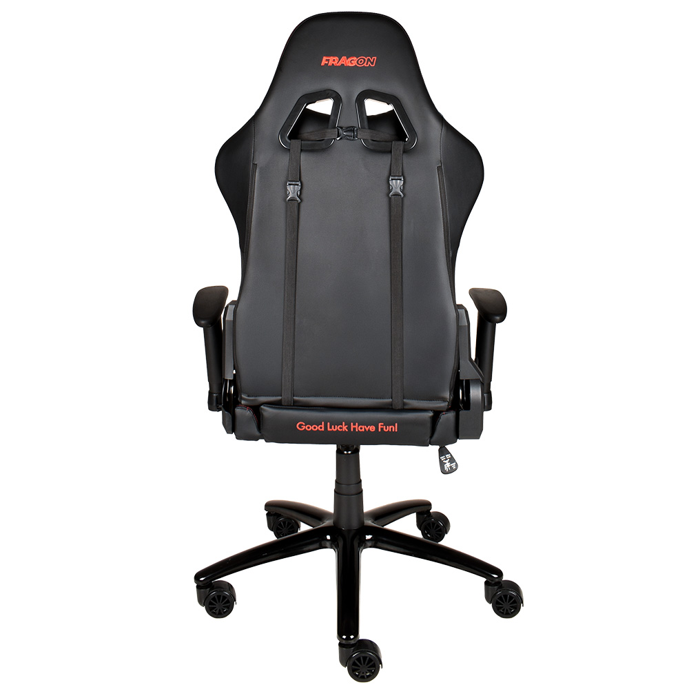 Vista posteriore di sedia da gaming nera con accenti rossi.