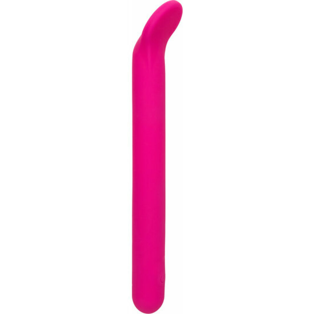 Ein schlanker, pinker Vibrator mit gebogenem Kopf auf weißem Hintergrund.