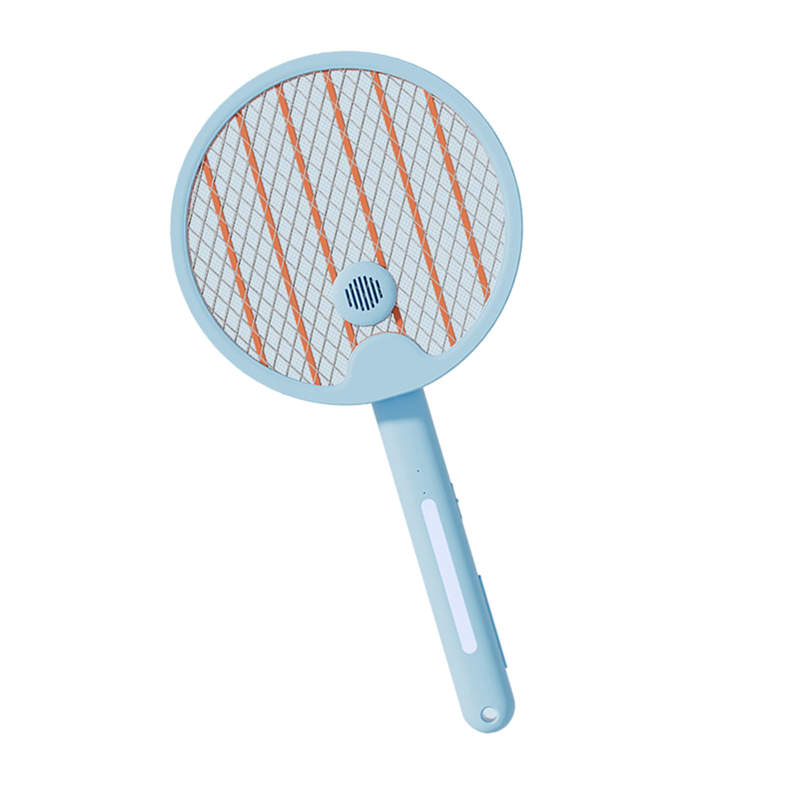 Blauer Fliegenklatschen mit orangefarbenem Netz und Ladeanzeige.