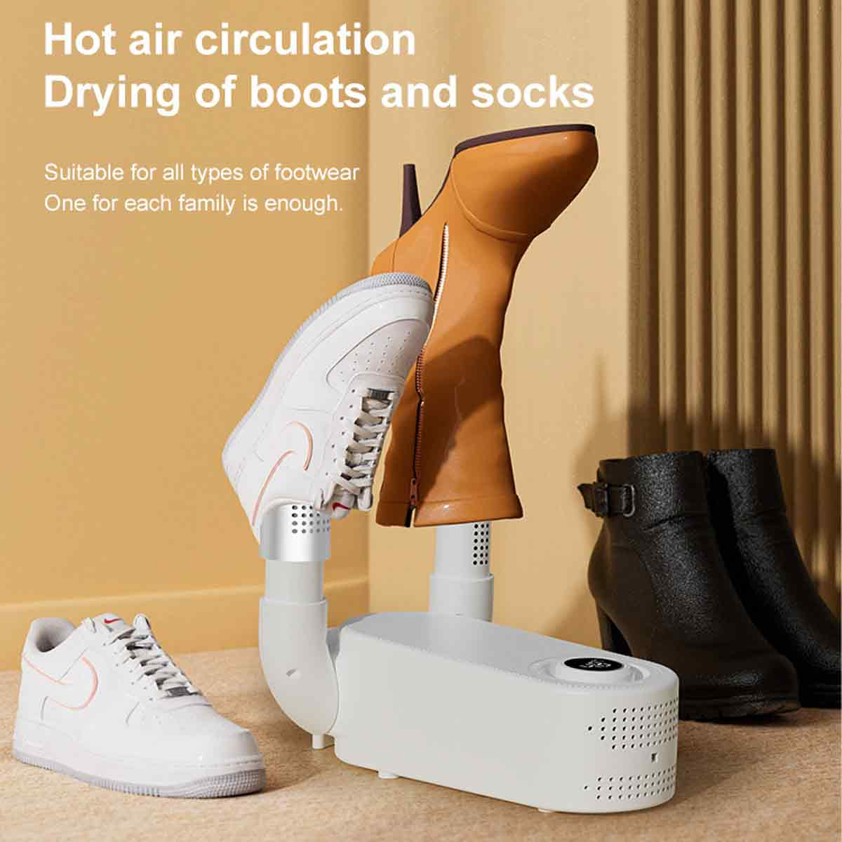 Ein weißer Schuhrocker mit Stiefeln und Turnschuhen darauf und daneben.