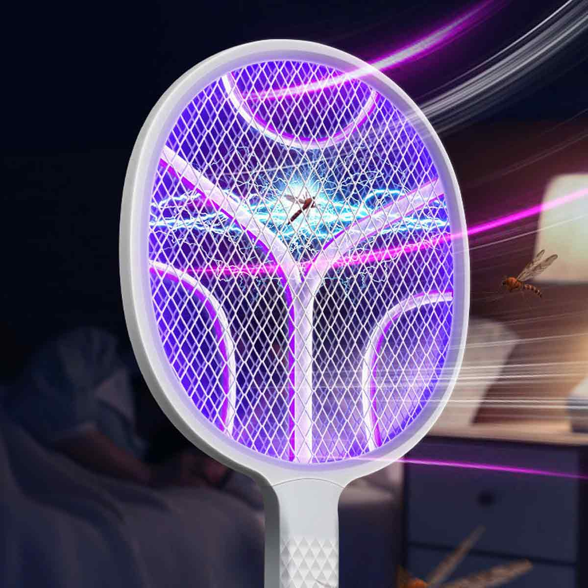 Elektrische Fliegenklatsche mit lila Licht, die Insekten anzieht und tötet.