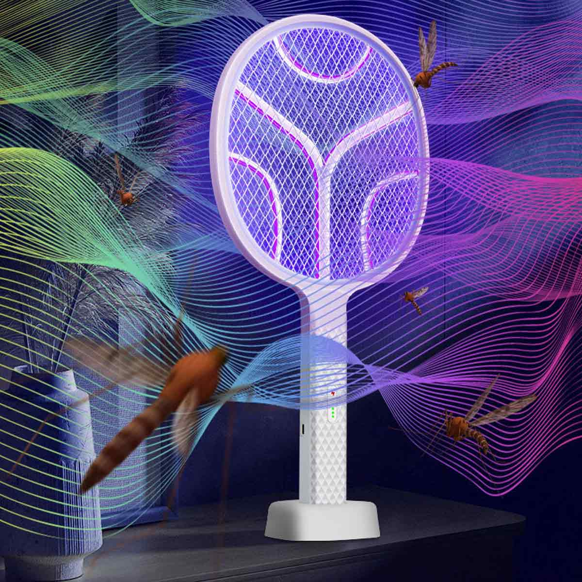 Elektrische Fliegenklatsche mit blauem Licht und fliegenden Insekten, bunte Wellen.