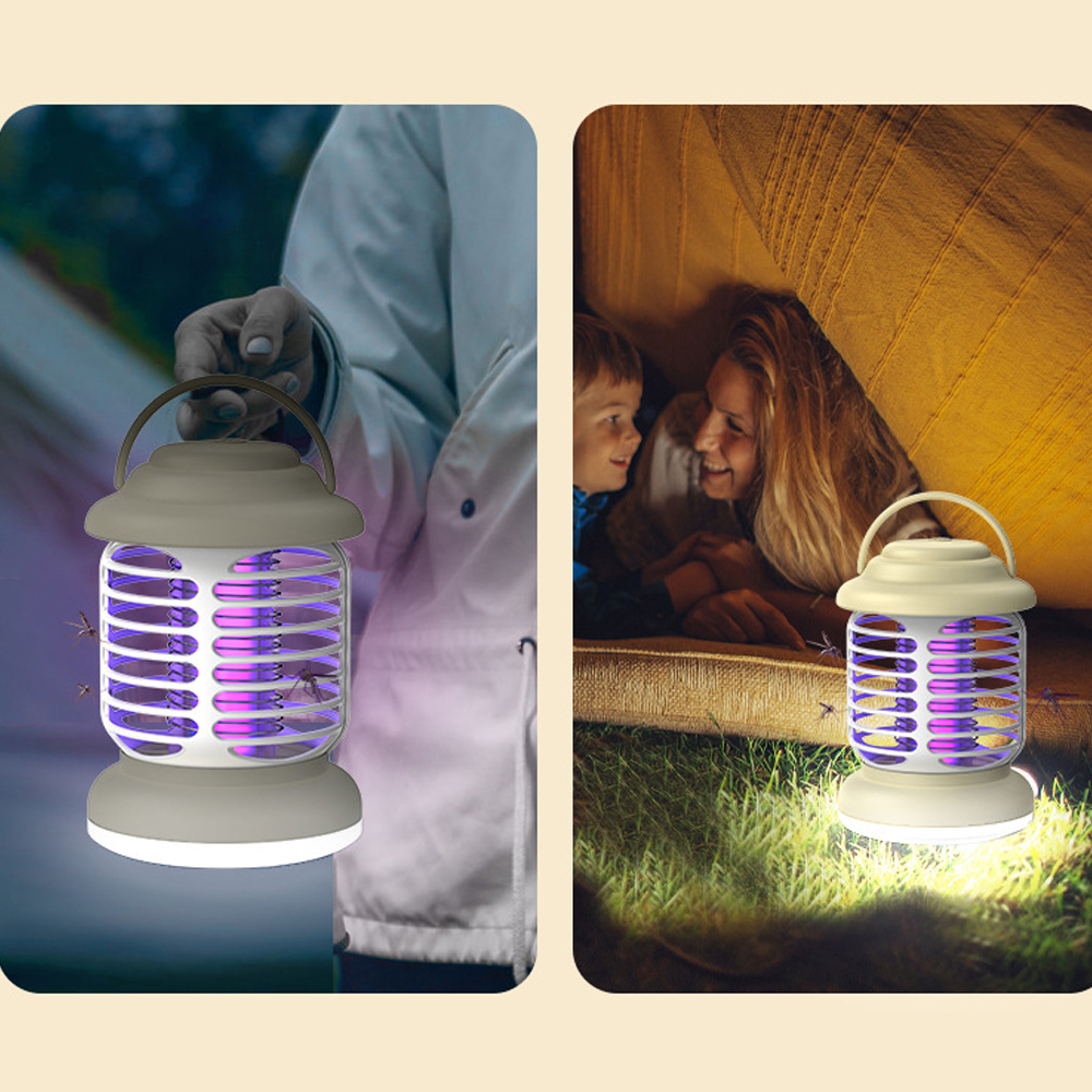 Ein Mann hält eine Lampe, die Insekten mit UV-Licht anzieht. Daneben eine Frau und Kind im Zelt.