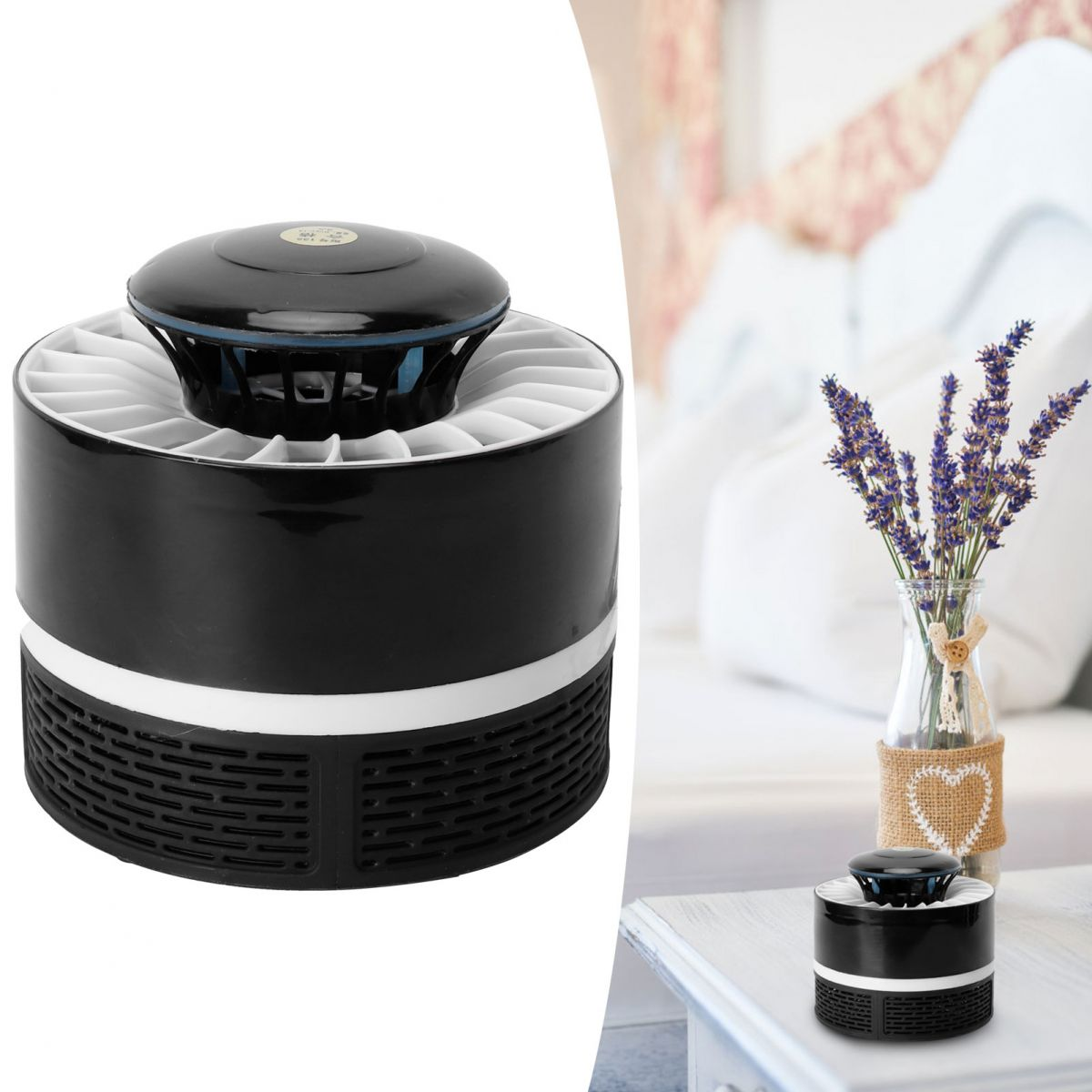 Ein schwarzer Insektenvernichter mit weißem Ring auf einem Tisch neben Lavendel.