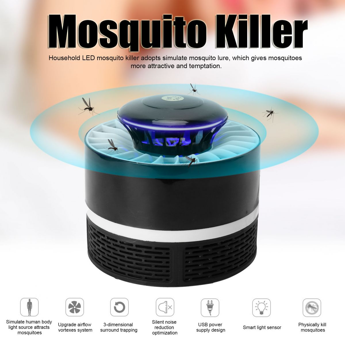 Schwarzer Moskito-Killer mit blauen LEDs und Moskitos in der Nähe.