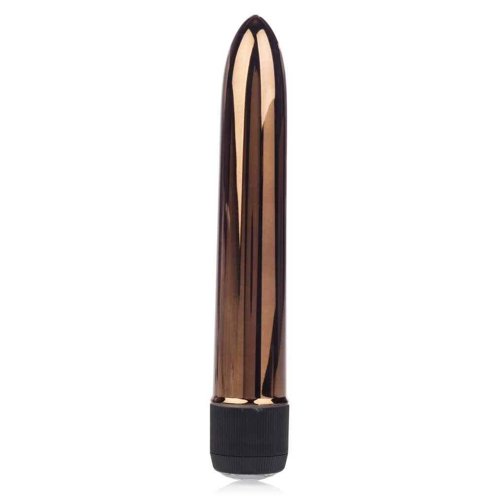 Ein bronzener Vibrator mit schwarzem Griff, auf weißem Hintergrund.