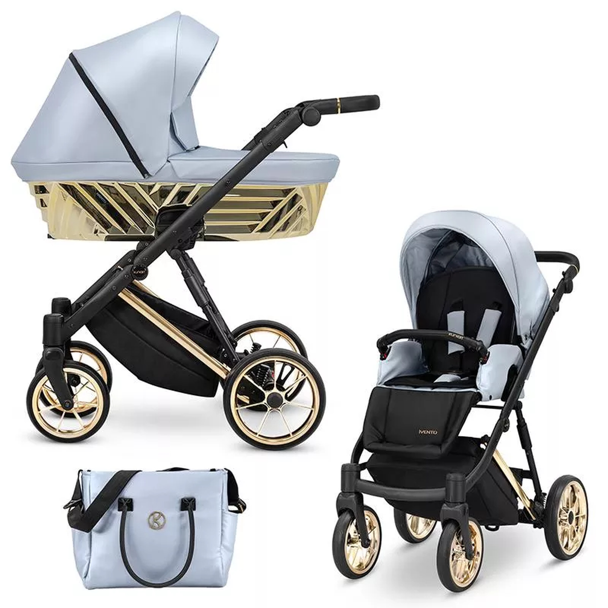 Ein hellblauer Kinderwagen mit goldener Wanne, ein Sitz und eine Tasche.