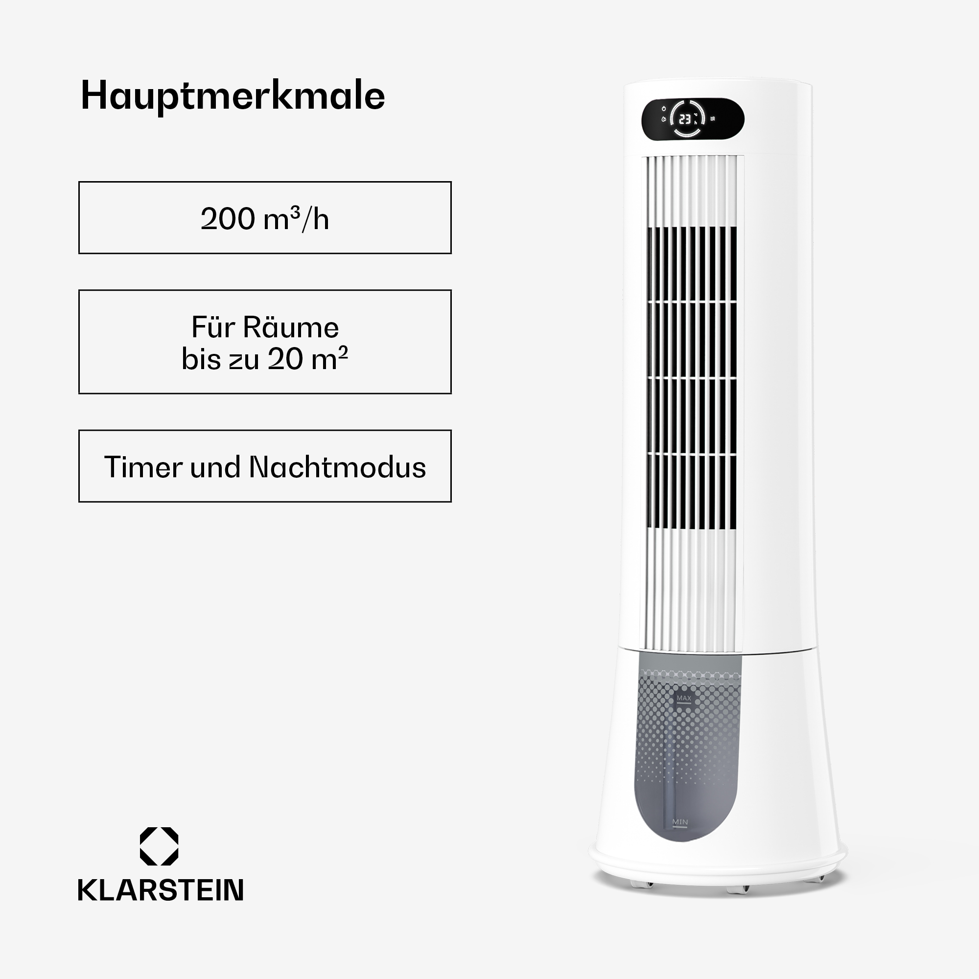 Ein weißer Turmventilator mit digitaler Anzeige und Wasserstandsanzeige.