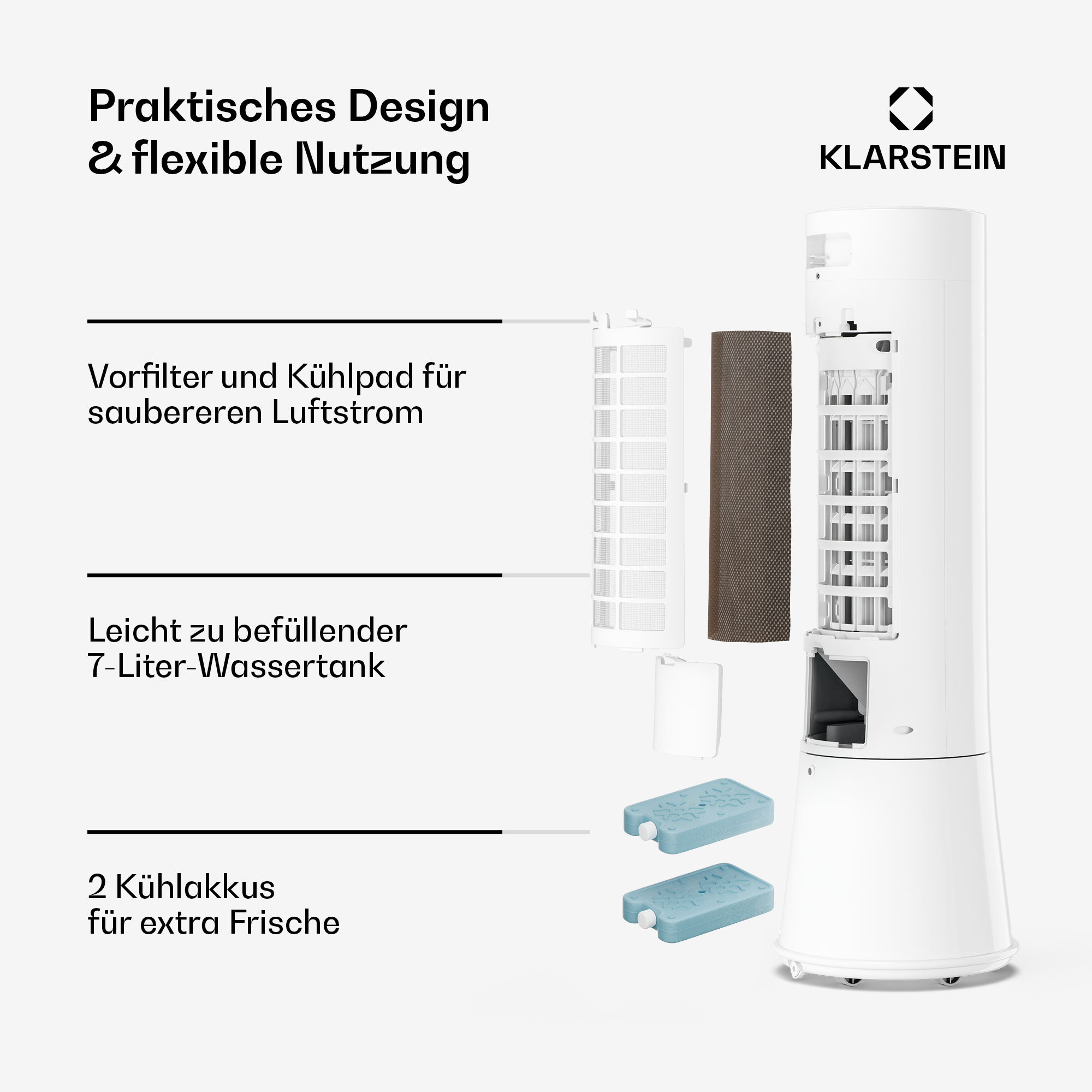 Ein weißer Luftkühler mit herausnehmbaren Filtern, Tank und Kühlakkus.