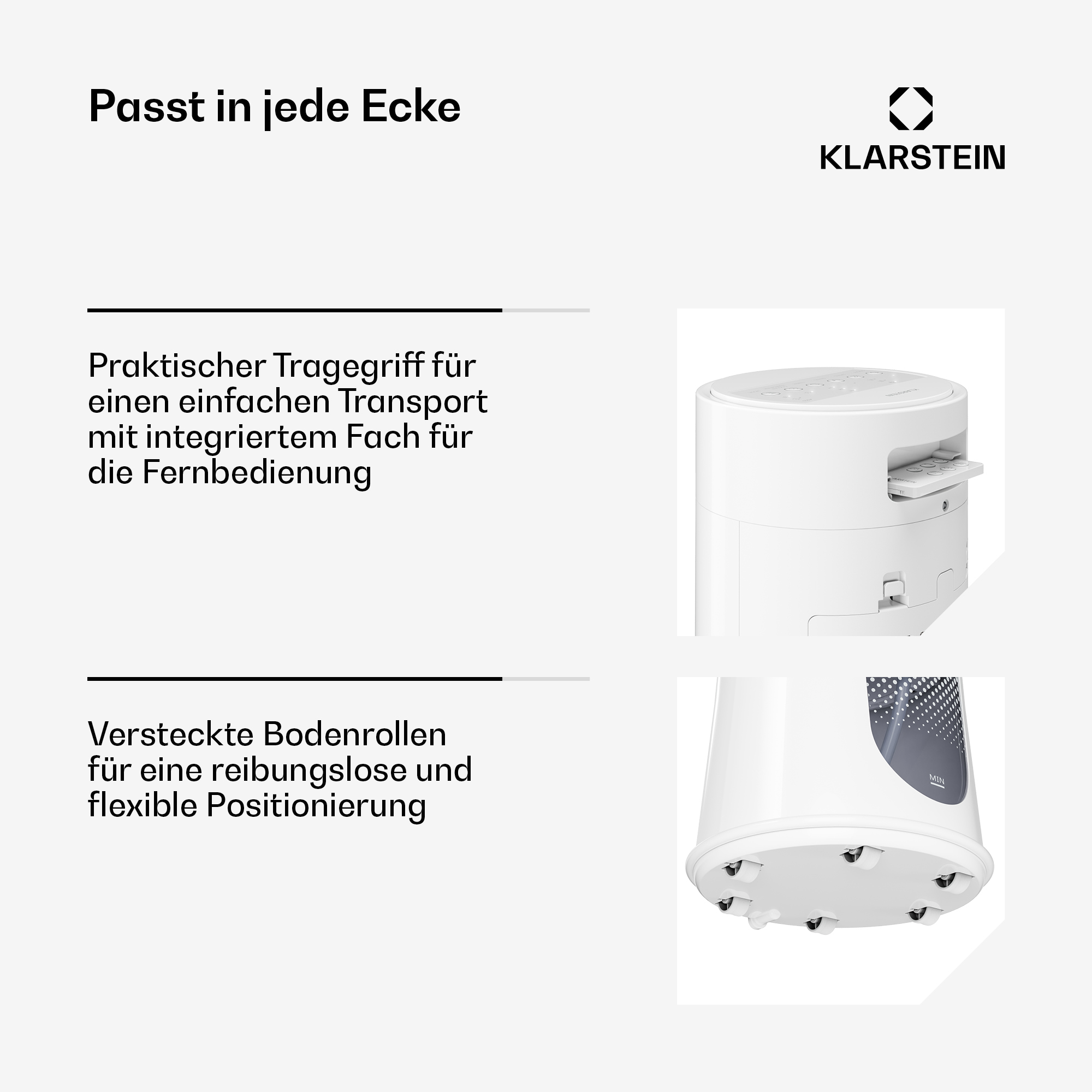 Ein weißes Gerät mit Tragegriff, Fernbedienung und Bodenrollen.
