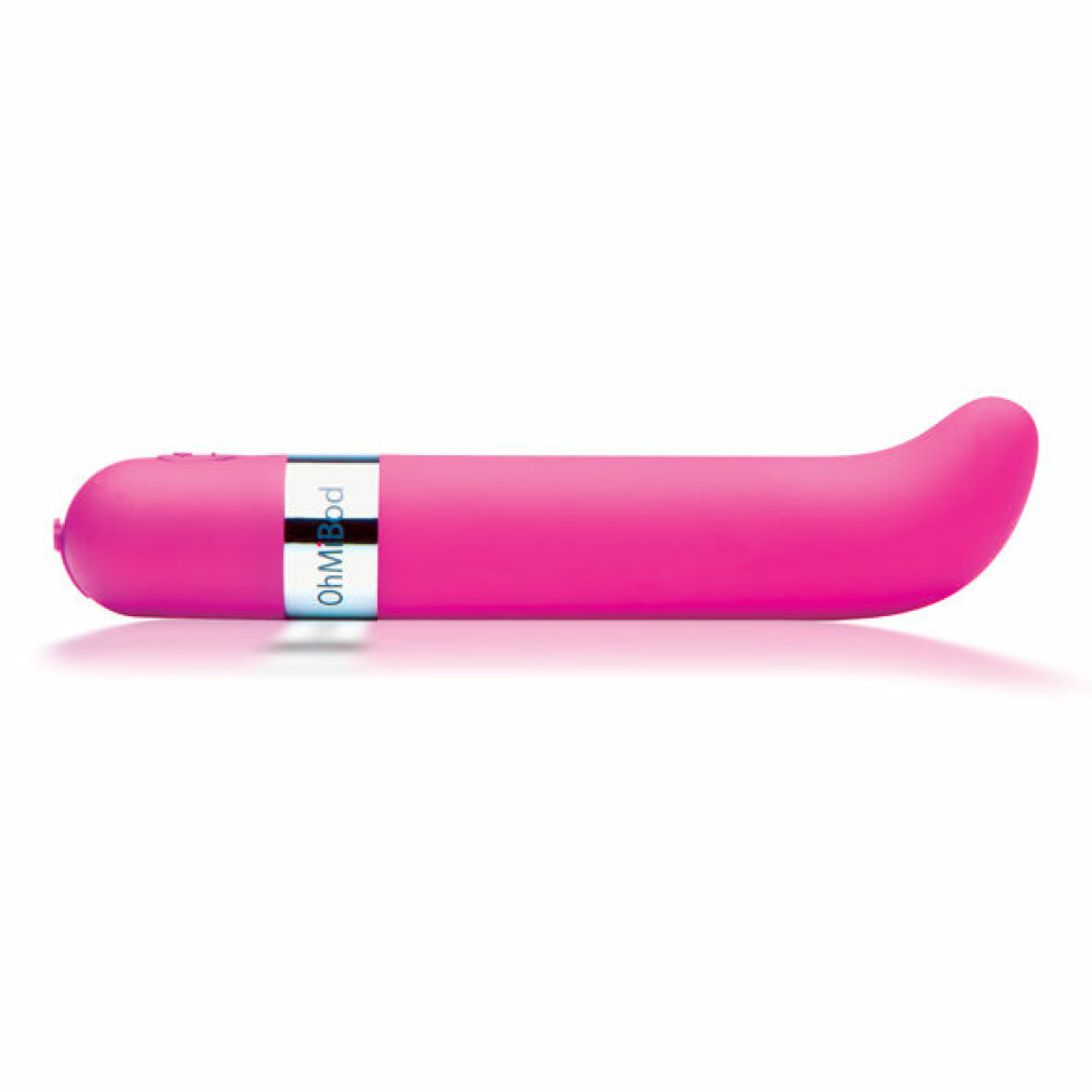 Ein heller pinker Vibrator mit silbernem Band und der Aufschrift 'OhMiBod'.