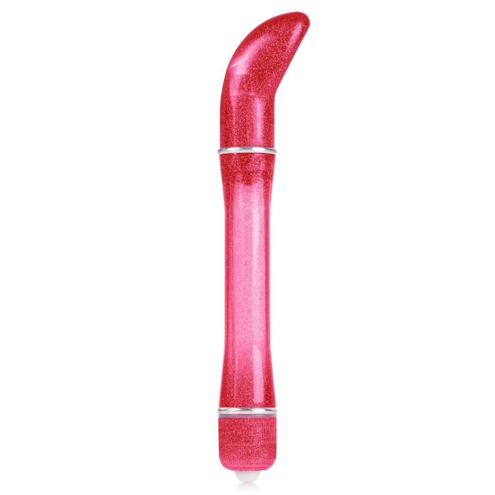 Ein glitzernder, pinker Vibrator mit silbernen Akzenten steht auf weißem Hintergrund.