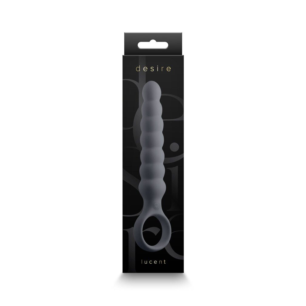 Grauer, gerippter Vibrator in einer schwarzen Verpackung mit dem Schriftzug 