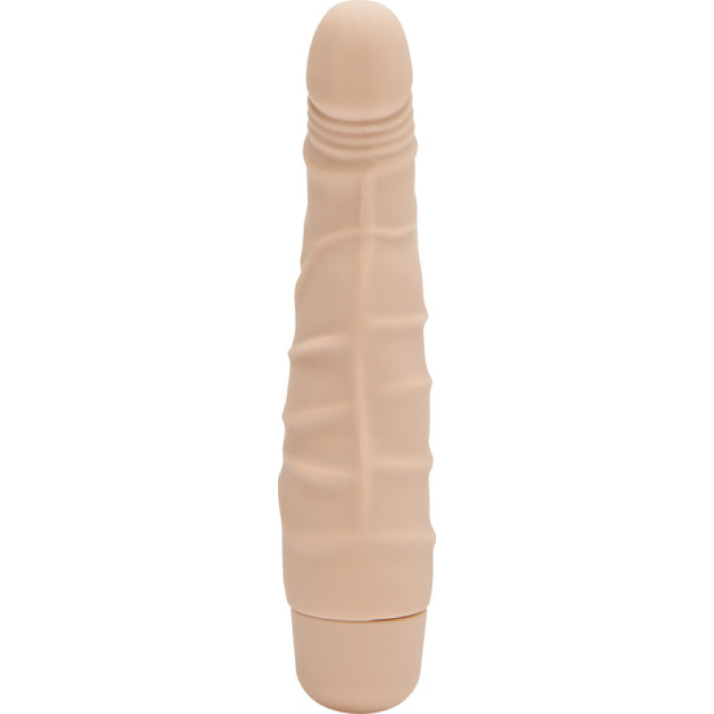 Ein heller Hautton-Dildo mit Rippen und Ringen am Kopf.