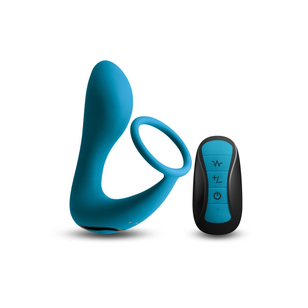 Ein blauer Vibrator und eine Fernbedienung mit Knöpfen.