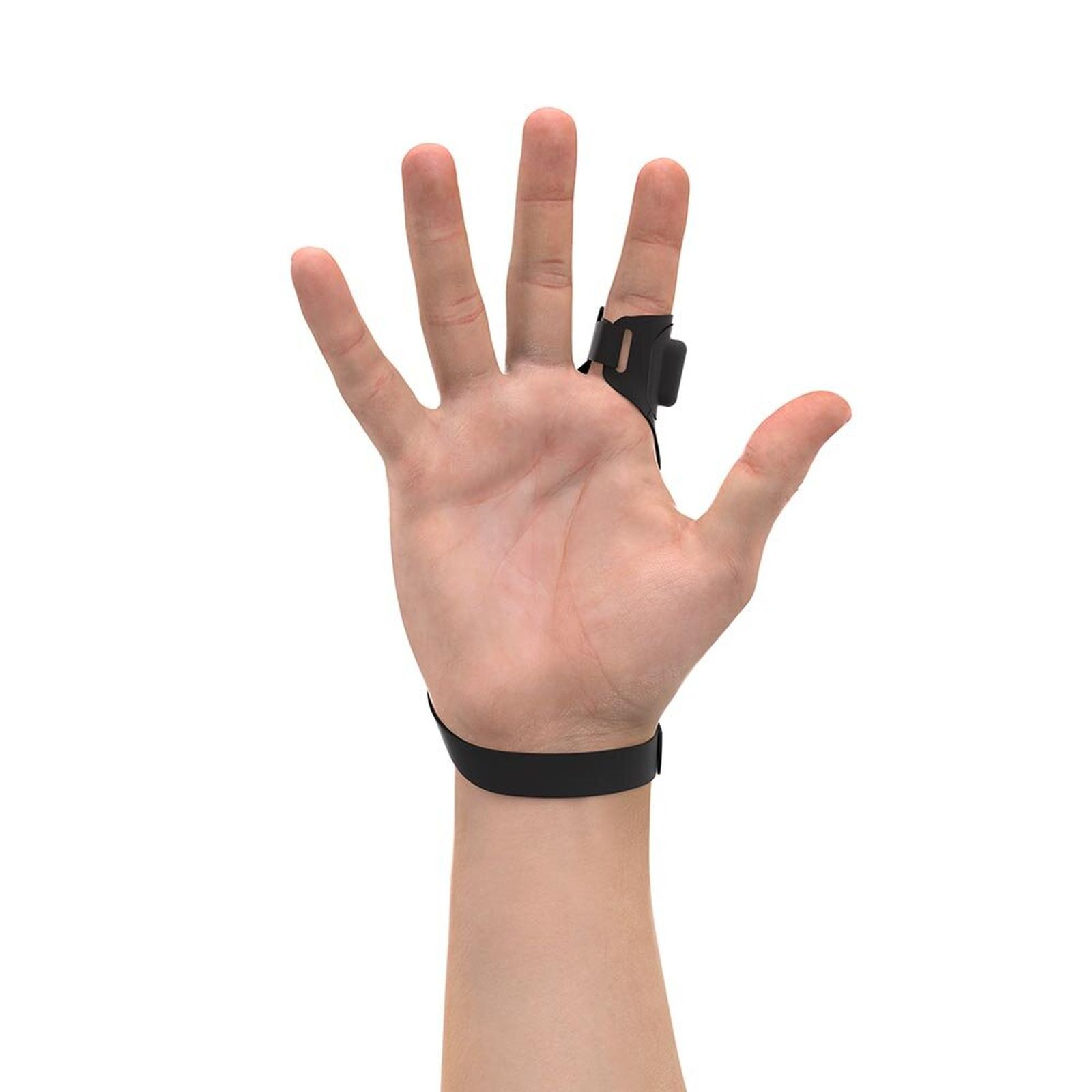 Una mano con protezione per dita e cinturino da polso neri.