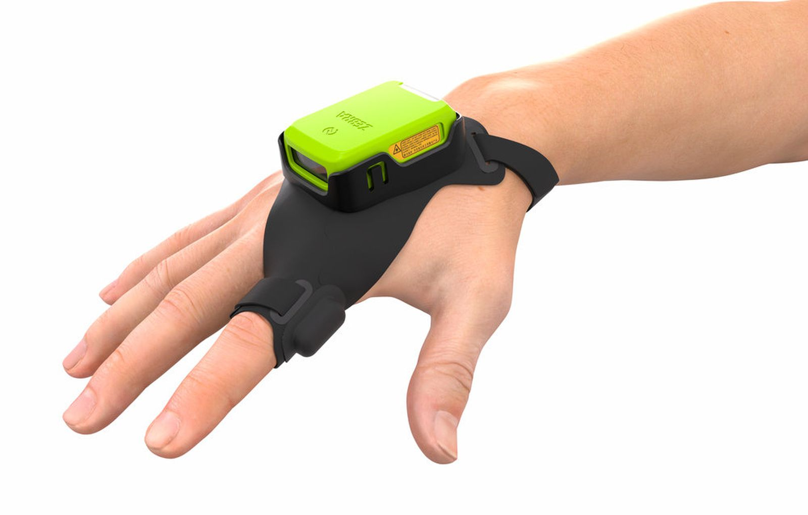 Uno scanner Zebra verde è montato su un guanto nero sulla mano di una persona.