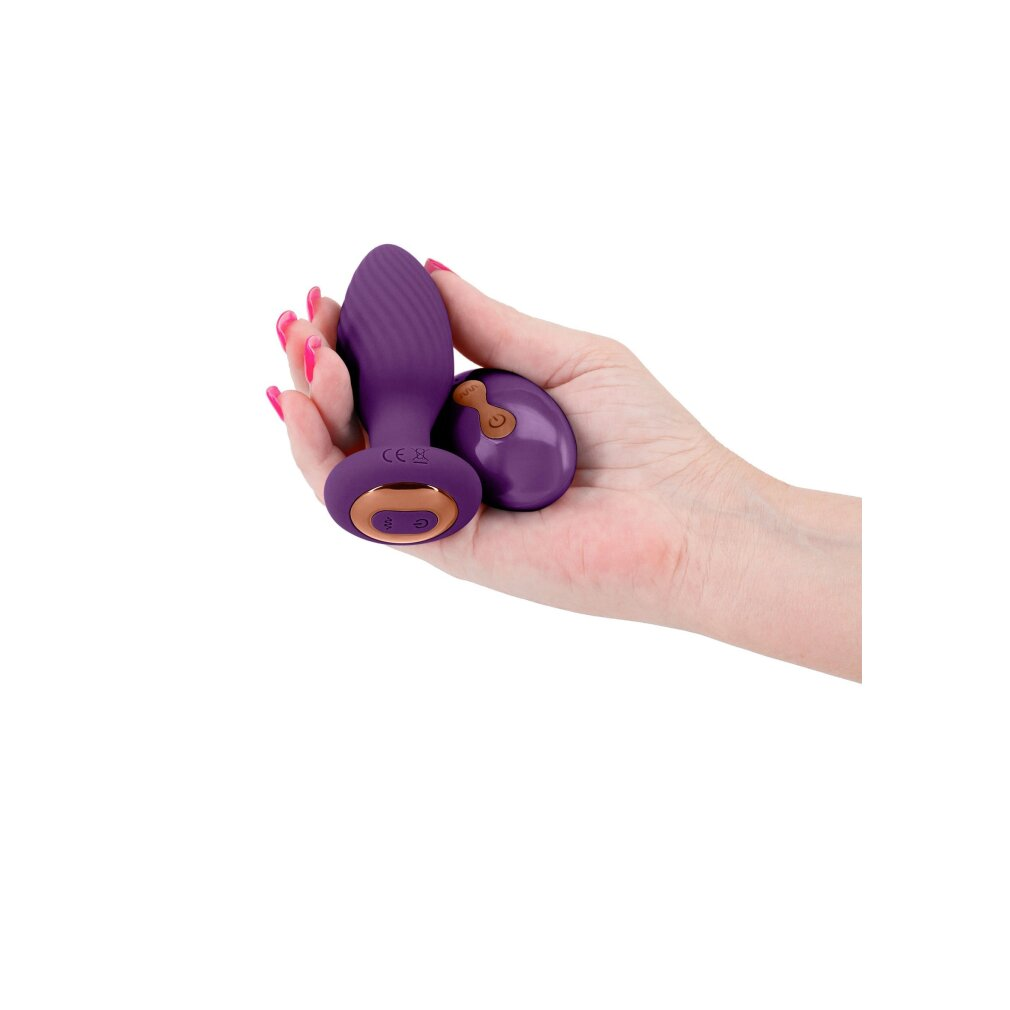 Eine Hand hält einen violetten Vibrator und einen runden Controller.