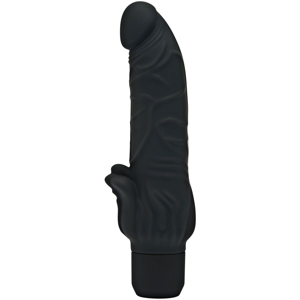 Ein schwarzer, texturierter Dildo mit einem handähnlichen Griff.