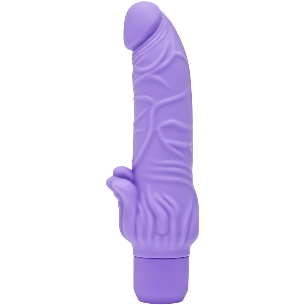Ein lilafarbenes, texturiertes Dildo mit gebogener Spitze und Basis, isoliert auf Weiß.