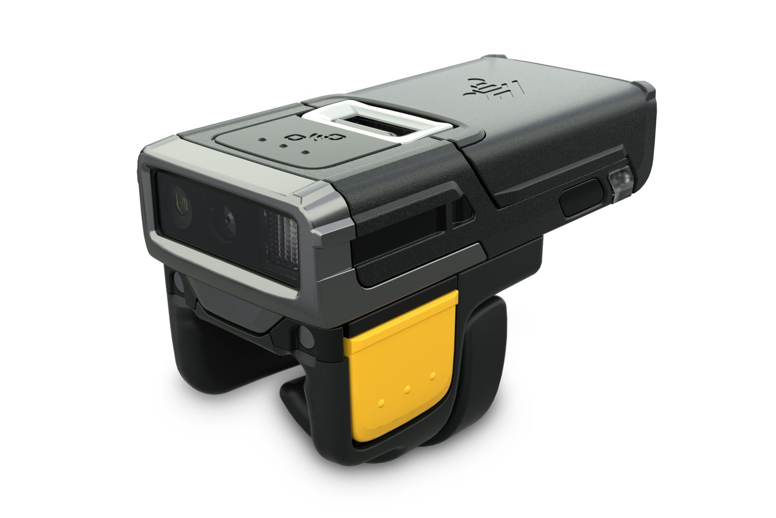 Uno scanner portatile grigio e nero con accenti gialli su sfondo bianco.