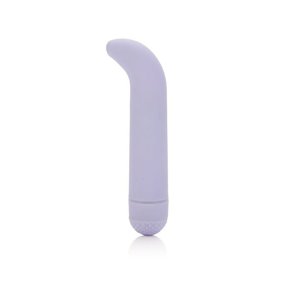 Ein lavendelfarbener Vibrator mit einer gebogenen Spitze und einem geriffelten Ende.