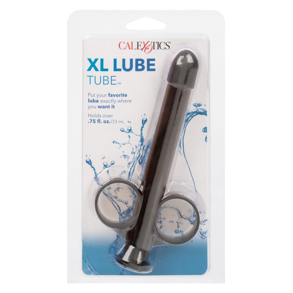 Ein schwarzer Lube-Applikator in einer Blisterverpackung mit blauen Wasserspritzern.