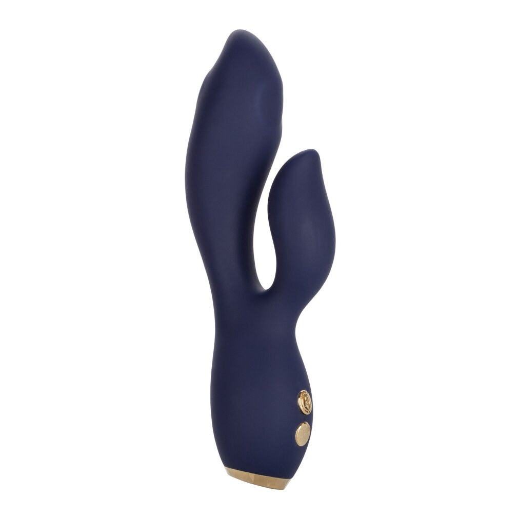 Dunkelblauer Vibrator mit goldener Basis und Knöpfen.