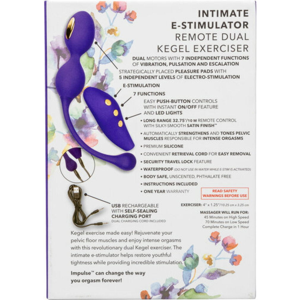 Lila E-Stimulator Kegel-Trainer mit Fernbedienung, USB-Ladekabel und Produktinformationen.