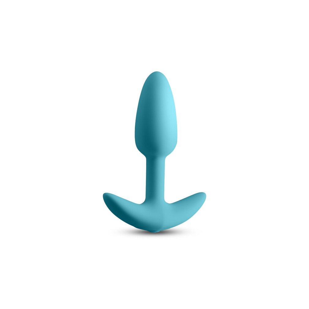 Ein türkisfarbener Analplug mit breiter Basis und schlanker Spitze auf weißem Hintergrund.