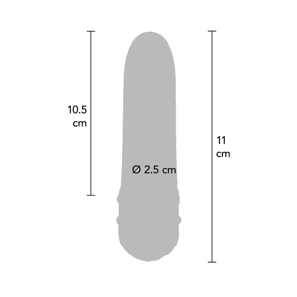 Graues Objekt, 10,5 cm lang, 2,5 cm Durchmesser, 11 cm Gesamtlänge.