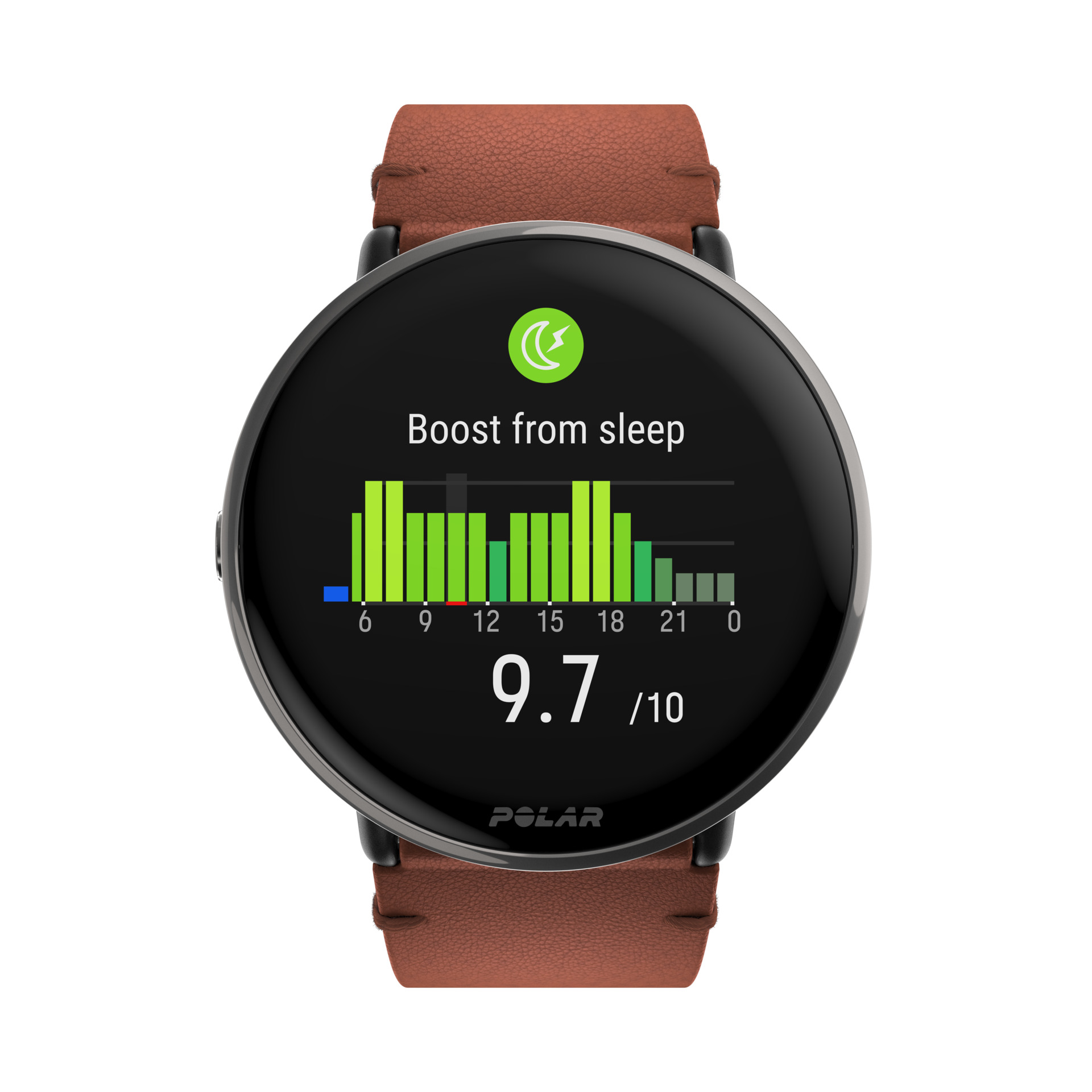 Zegarek smartwatch z brązową skórzaną bransoletą wyświetla dane snu. 9.7/10.