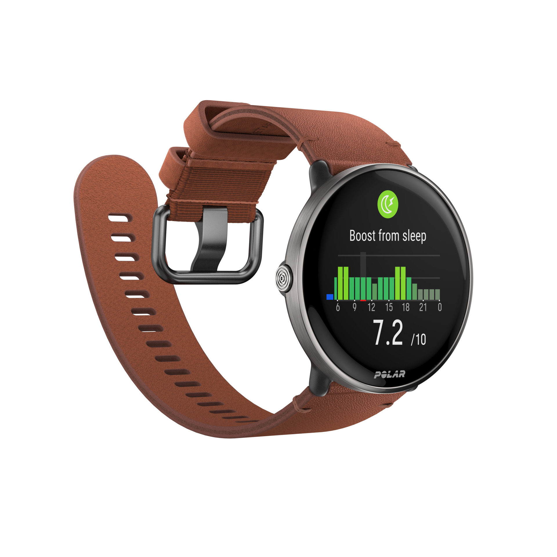 Szary smartwatch z brązowym skórzanym paskiem, wyświetla dane o śnie i wykres.