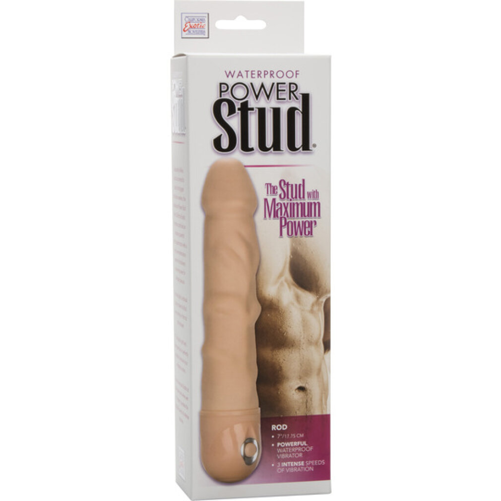 Verpackung eines beigefarbenen, gerippten Vibrators mit der Aufschrift "Power Stud".