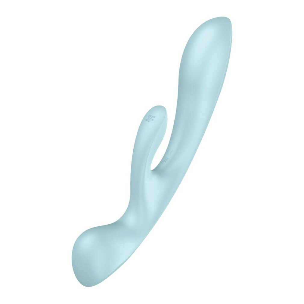 Ein hellblauer Vibrator mit geschwungener Form, auf weißem Hintergrund.