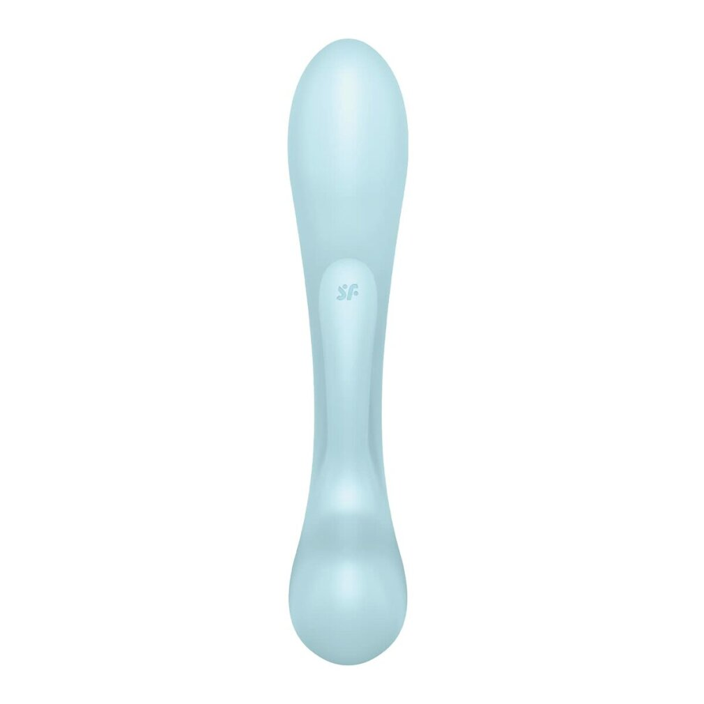 Ein hellblaues, ergonomisch geformtes Massagegerät mit einem Logo in der Mitte.
