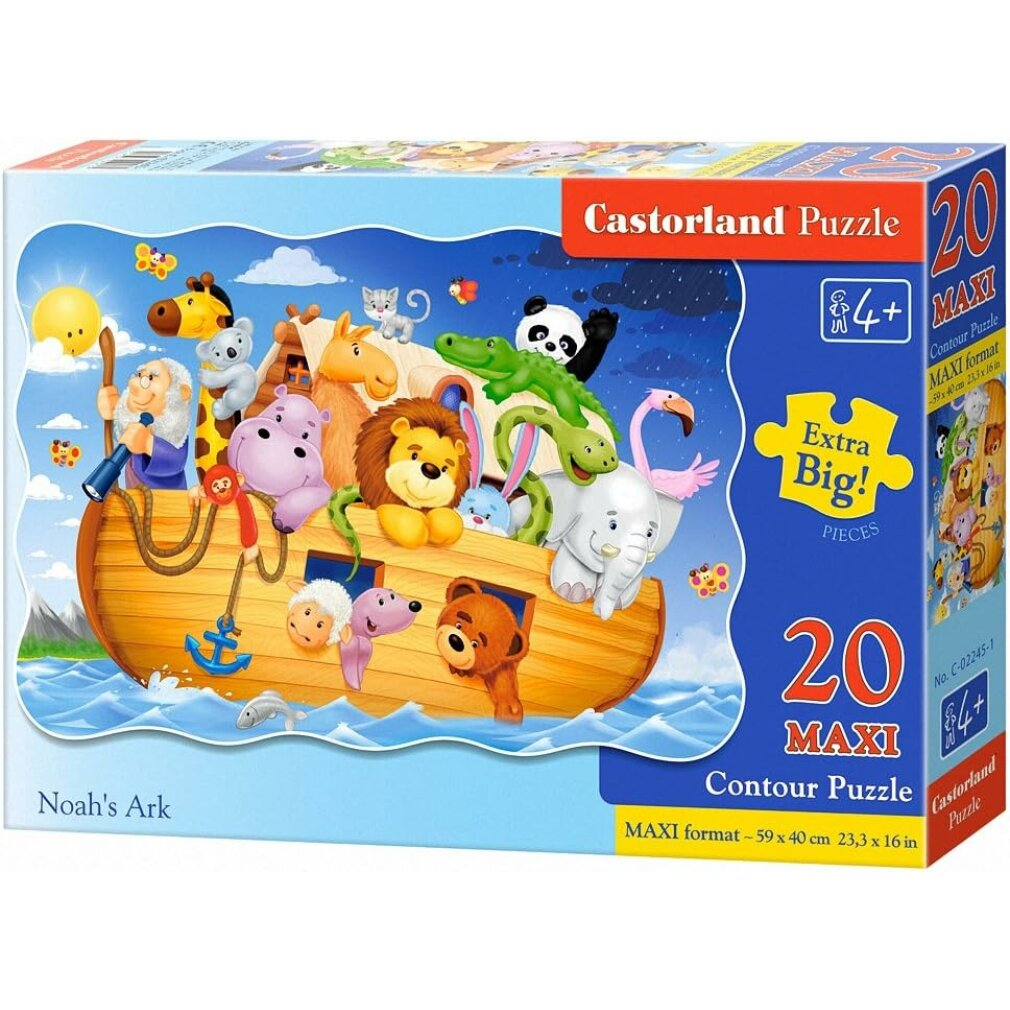 Caja de puzzle del Arca de Noé con animales de dibujos animados y Noé. Cielo azul, noche, agua.