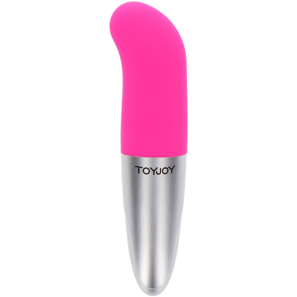 Ein pinker Vibrator mit silbernem Griff und dem Logo TOYJOY.